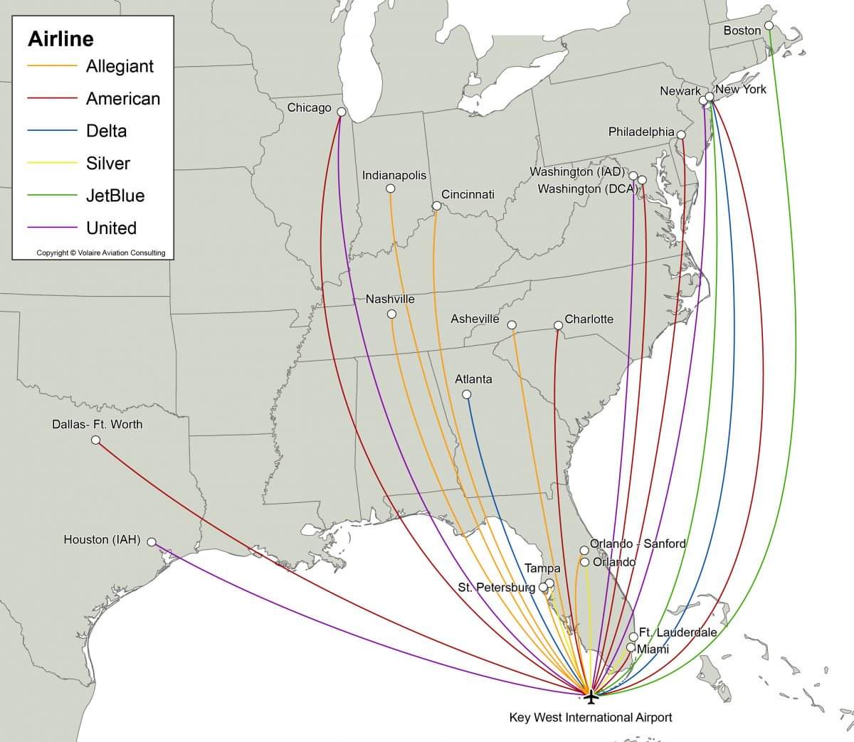 Map of Direct Flights to Key West, FL