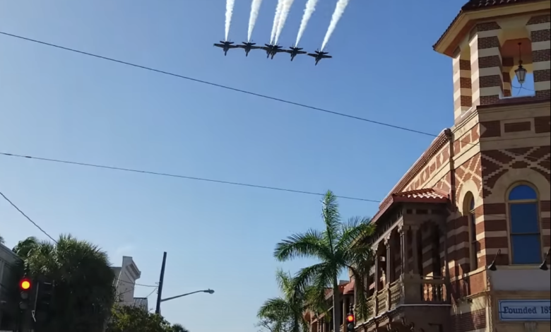 US Navy Blue Angels fly over Duval Street, Key West, FL, USA