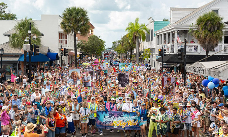 Several thousand fans of the late Jimmy Buffett parade Sunday, Aug. 31, during the 2025 Just a Few Friends festival celebrating the famed singer-songwriter’s life and legacy. The festival took place over Labor Day weekend in Key West, Fla., Buffett’s home during some of his most productive years and the subject of many of his enduring songs. (Photo credit: Nick Doll, Just a Few Friends)