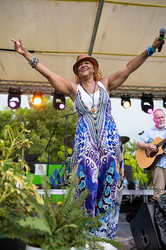 Nadirah Shakoor, longtime vocalist for the late Jimmy Buffett’s Coral Reefer Band, gave a soulful performance Sunday, Aug. 31, during the Just a Few Friends festival, a Labor Day Weekend celebration of Buffett’s music and legacy in Key West, Fla. Thousands of fans took part in the four-day festivities on the island Buffett called home while developing his famed “trop-rock” sound. (Photo credit: Nick Doll, Just a Few Friends)